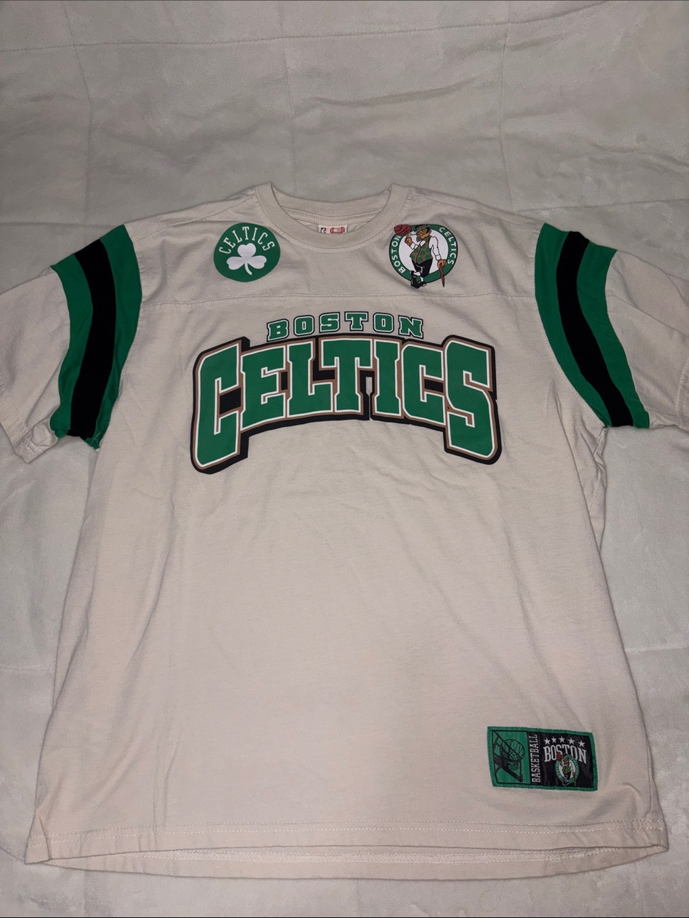 NBA Boston Celtics White Graphic Tee with Team Patches